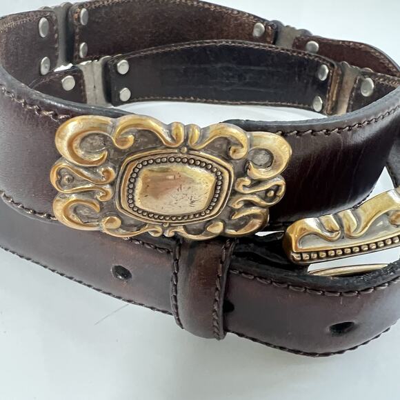 Fossil Brown Leather Belt Western Concho Womens XL Silver Gold 90’s Y2K - Picture 3 of 12